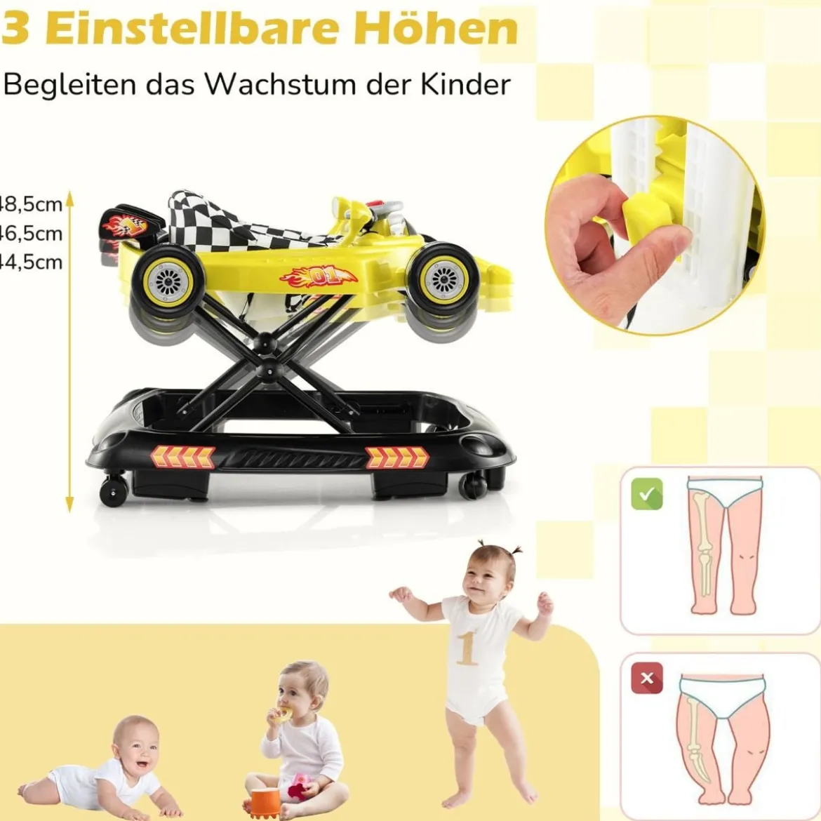 4 in 1 Baby Lauflernhilfe mit Verstellbarer Höhen & Abnehmbarem Spieltablett Autoförmige Lauflernwagen