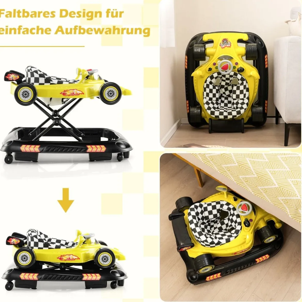 4 in 1 Baby Lauflernhilfe mit Verstellbarer Höhen & Abnehmbarem Spieltablett Autoförmige Lauflernwagen