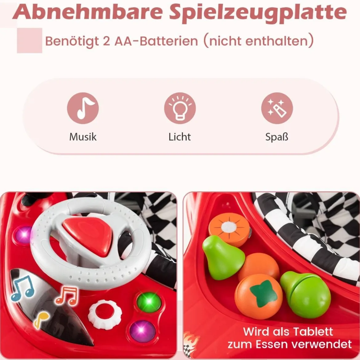 4 in 1 Baby Lauflernhilfe mit Verstellbarer Höhen & Abnehmbarem Spieltablett Autoförmige Lauflernwagen