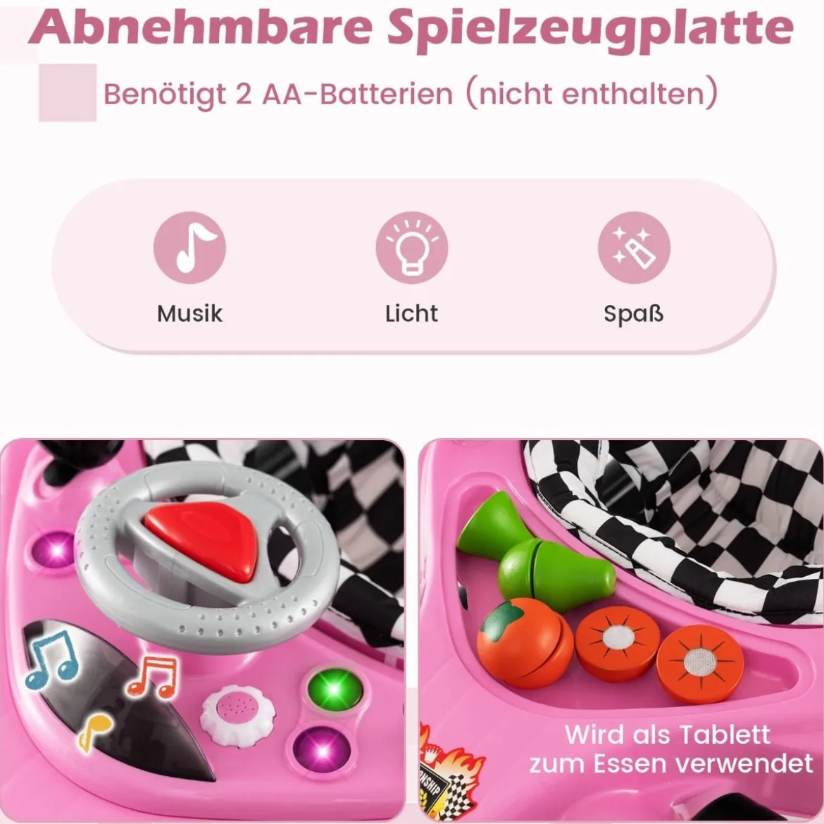 4 in 1 Baby Lauflernhilfe mit Verstellbarer Höhen & Abnehmbarem Spieltablett Autoförmige Lauflernwagen