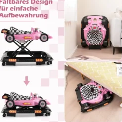 4 in 1 Baby Lauflernhilfe mit Verstellbarer Höhen & Abnehmbarem Spieltablett Autoförmige Lauflernwagen