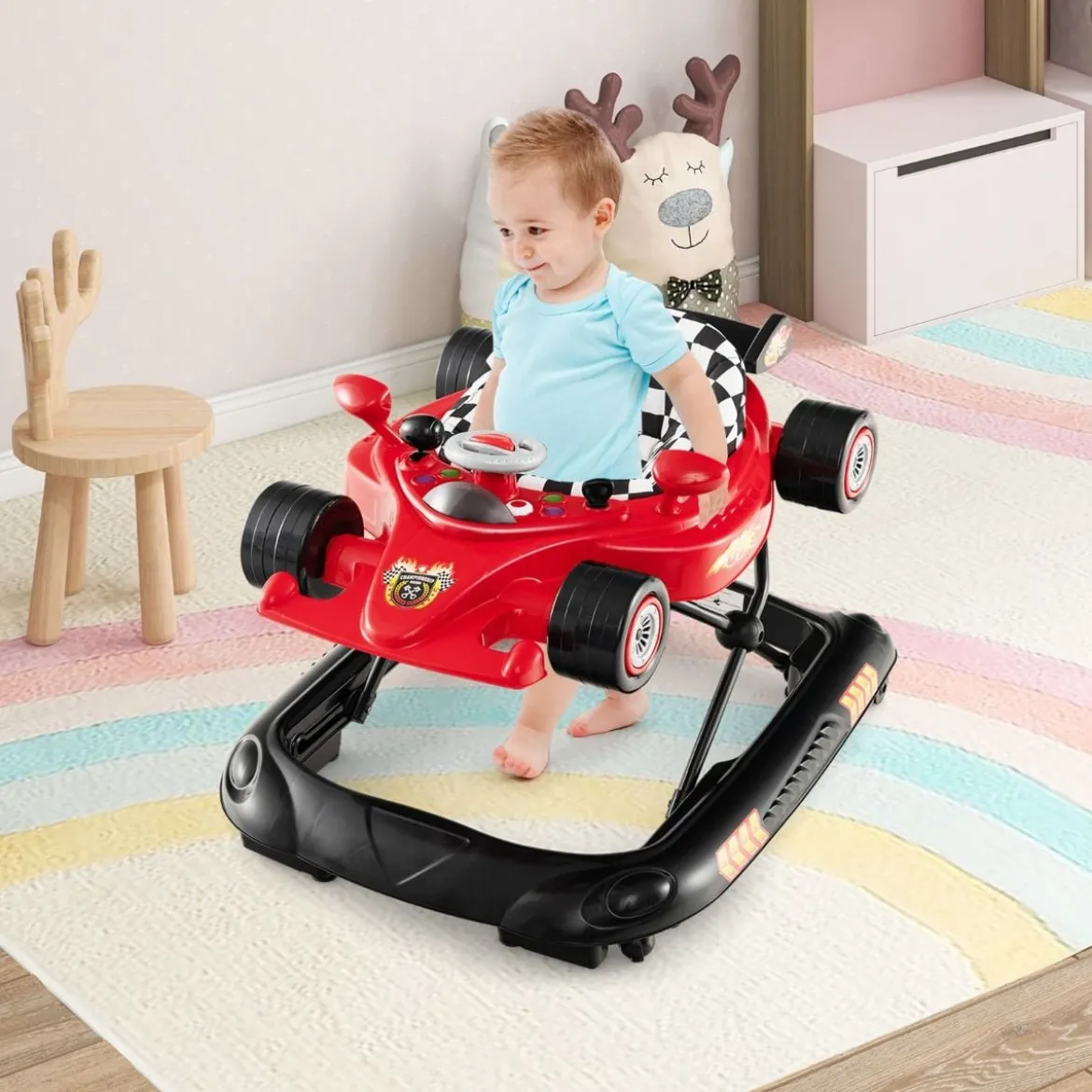 4 in 1 Baby Lauflernhilfe mit Verstellbarer Höhen & Abnehmbarem Spieltablett Autoförmige Lauflernwagen