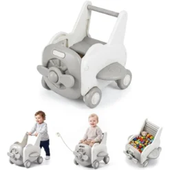 3-in-1 Baby Lauflernwagen aus Kunststoff Lauflernhilfe mit Klappbarer Sitz Stauraum Rädern Zugseil & Griff