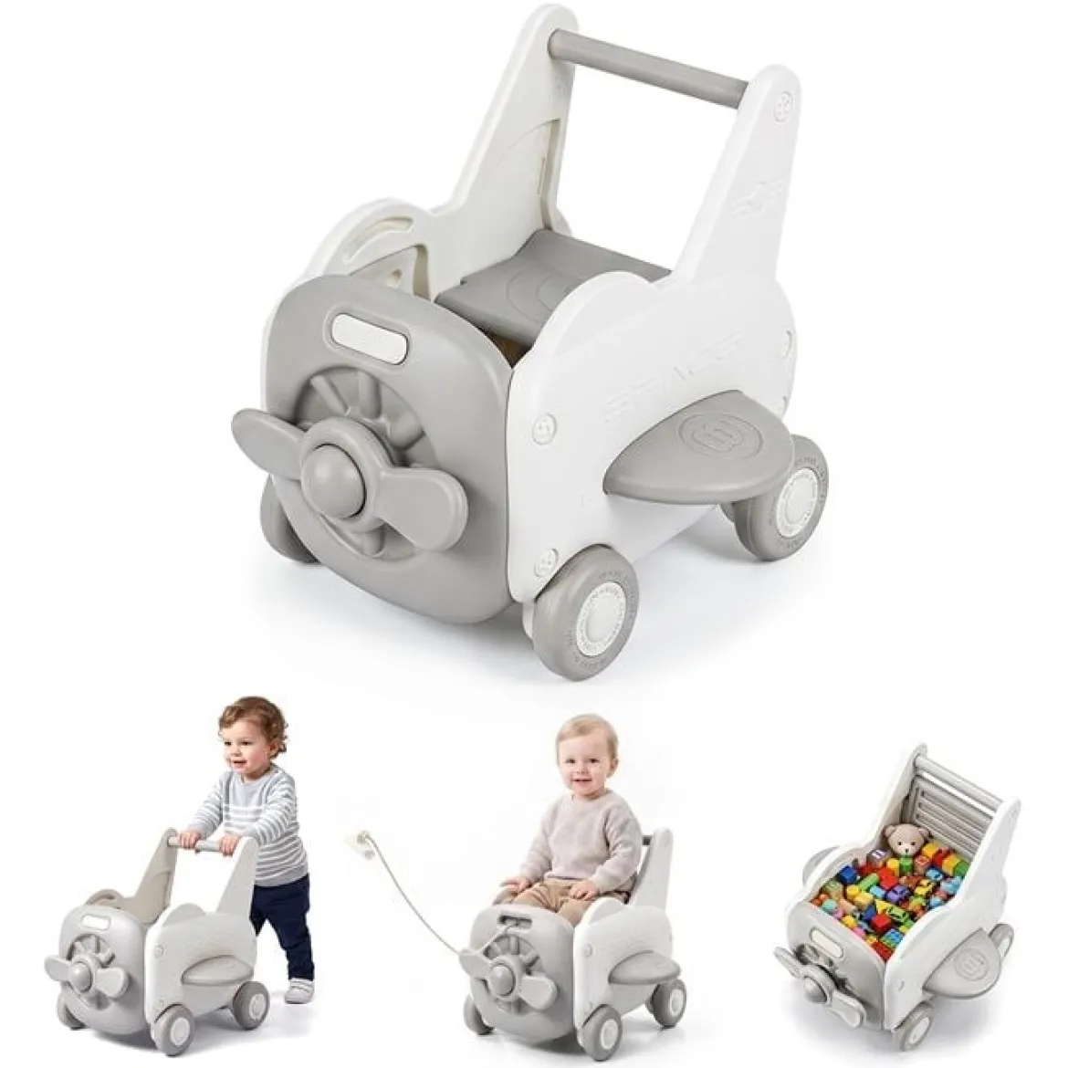 3-in-1 Baby Lauflernwagen aus Kunststoff Lauflernhilfe mit Klappbarer Sitz Stauraum Rädern Zugseil & Griff
