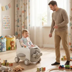 3-in-1 Baby Lauflernwagen aus Kunststoff Lauflernhilfe mit Klappbarer Sitz Stauraum Rädern Zugseil & Griff