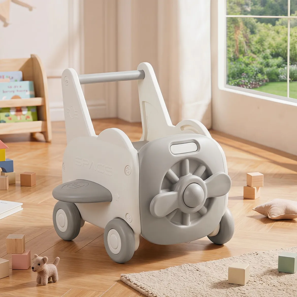 3-in-1 Baby Lauflernwagen aus Kunststoff Lauflernhilfe mit Klappbarer Sitz Stauraum Rädern Zugseil & Griff