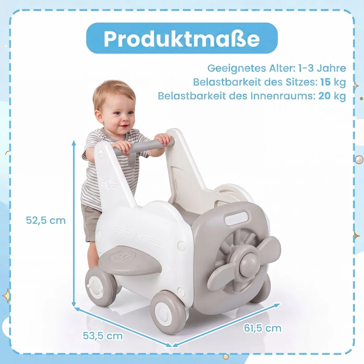 3-in-1 Baby Lauflernwagen aus Kunststoff Lauflernhilfe mit Klappbarer Sitz Stauraum Rädern Zugseil & Griff