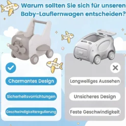 3-in-1 Baby Lauflernwagen aus Kunststoff Lauflernhilfe mit Klappbarer Sitz Stauraum Rädern Zugseil & Griff