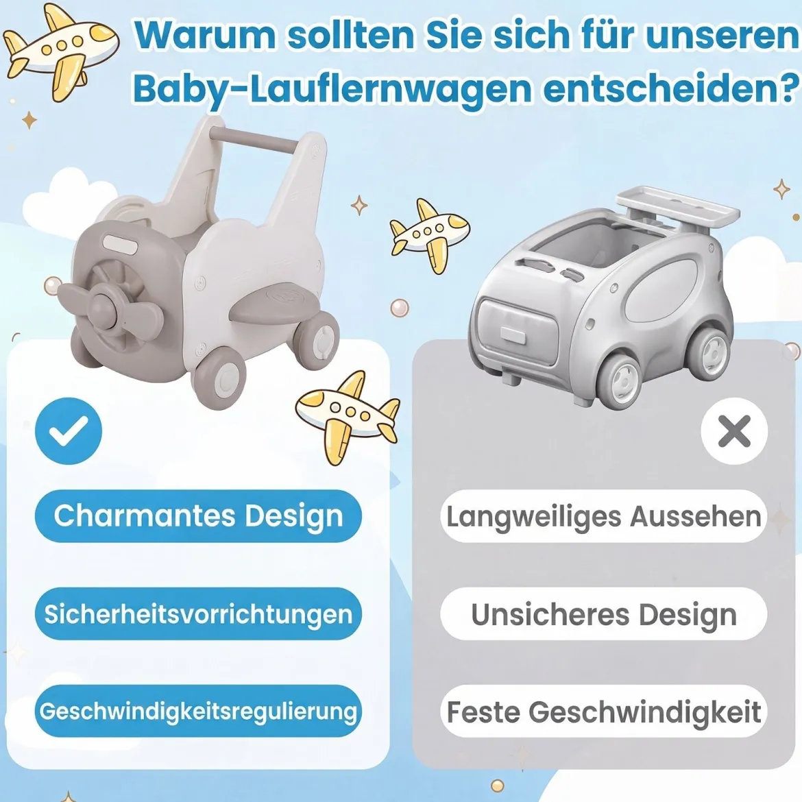 3-in-1 Baby Lauflernwagen aus Kunststoff Lauflernhilfe mit Klappbarer Sitz Stauraum Rädern Zugseil & Griff