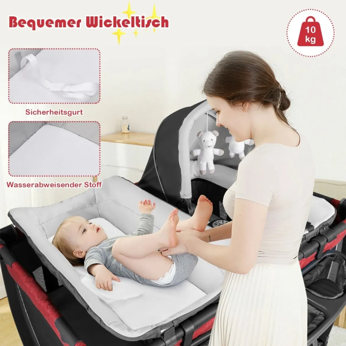 4-in-1-Baby-Laufstall Faltbares Deluxe-Babybett mit Rollen 103 x 72,5 x 112 cm Rot + Schwarz