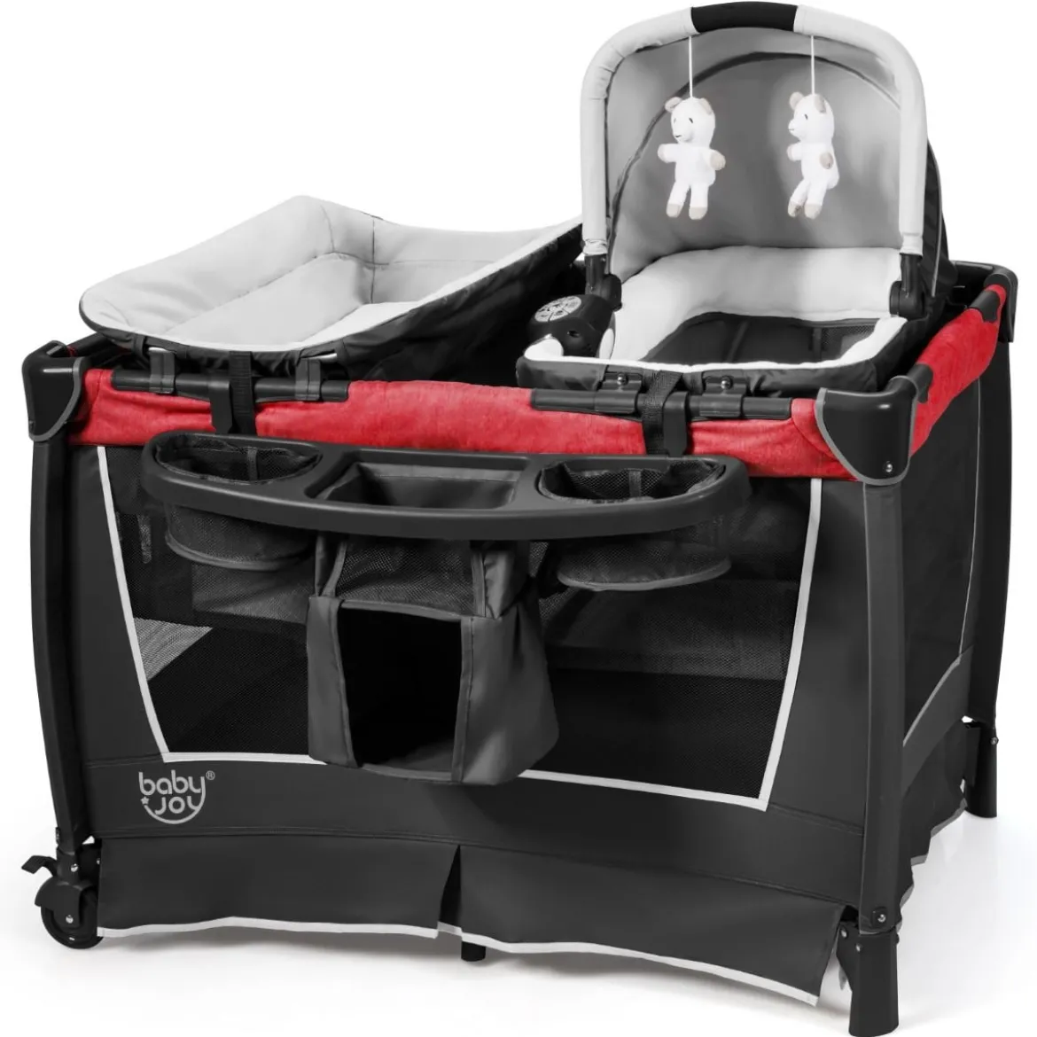 4-in-1-Baby-Laufstall Faltbares Deluxe-Babybett mit Rollen 103 x 72,5 x 112 cm Rot + Schwarz
