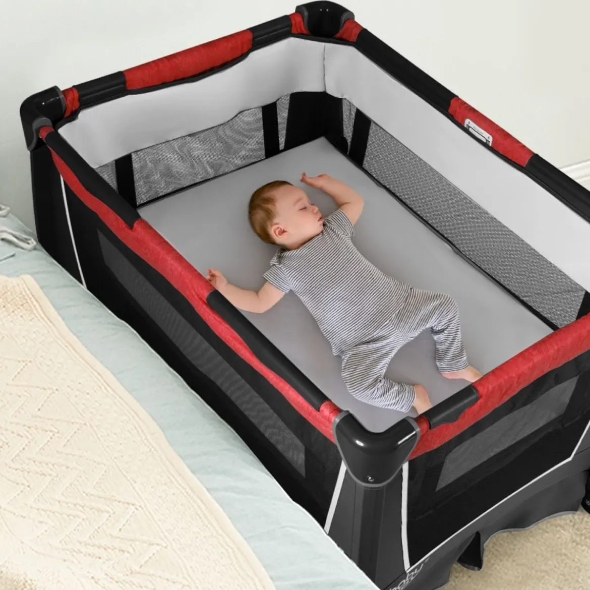 4-in-1-Baby-Laufstall Faltbares Deluxe-Babybett mit Rollen 103 x 72,5 x 112 cm Rot + Schwarz