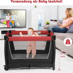 4-in-1-Baby-Laufstall Faltbares Deluxe-Babybett mit Rollen 103 x 72,5 x 112 cm Rot + Schwarz