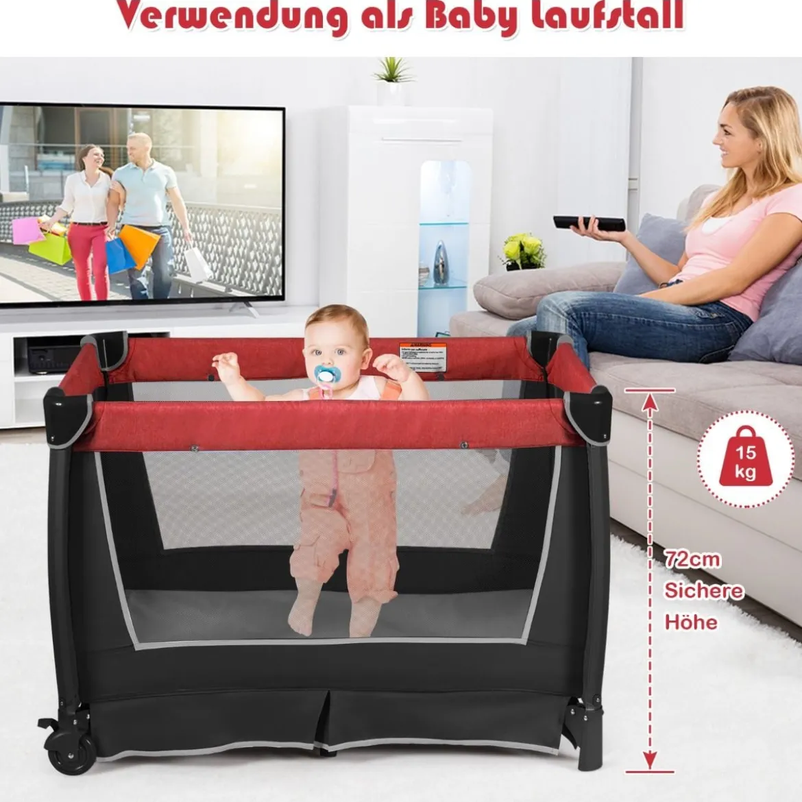 4-in-1-Baby-Laufstall Faltbares Deluxe-Babybett mit Rollen 103 x 72,5 x 112 cm Rot + Schwarz