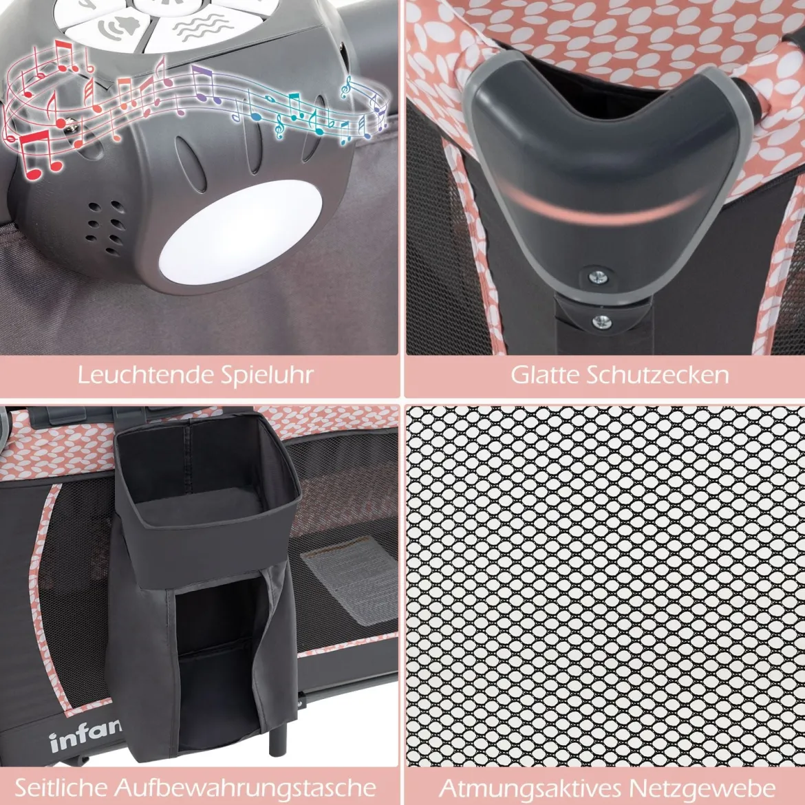 5 in 1 Baby Reisebett mit Wickeltisch & Babywiege & Matratze & 2 Spielzeugen Faltbares Babybett Rosa