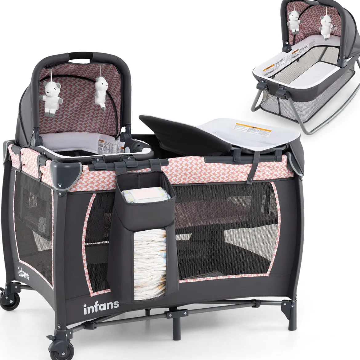 5 in 1 Baby Reisebett mit Wickeltisch & Babywiege & Matratze & 2 Spielzeugen Faltbares Babybett Rosa