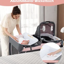 5 in 1 Baby Reisebett mit Wickeltisch & Babywiege & Matratze & 2 Spielzeugen Faltbares Babybett Rosa