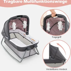 5 in 1 Baby Reisebett mit Wickeltisch & Babywiege & Matratze & 2 Spielzeugen Faltbares Babybett Rosa