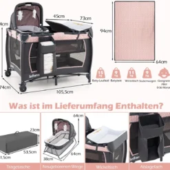 5 in 1 Baby Reisebett mit Wickeltisch & Babywiege & Matratze & 2 Spielzeugen Faltbares Babybett Rosa