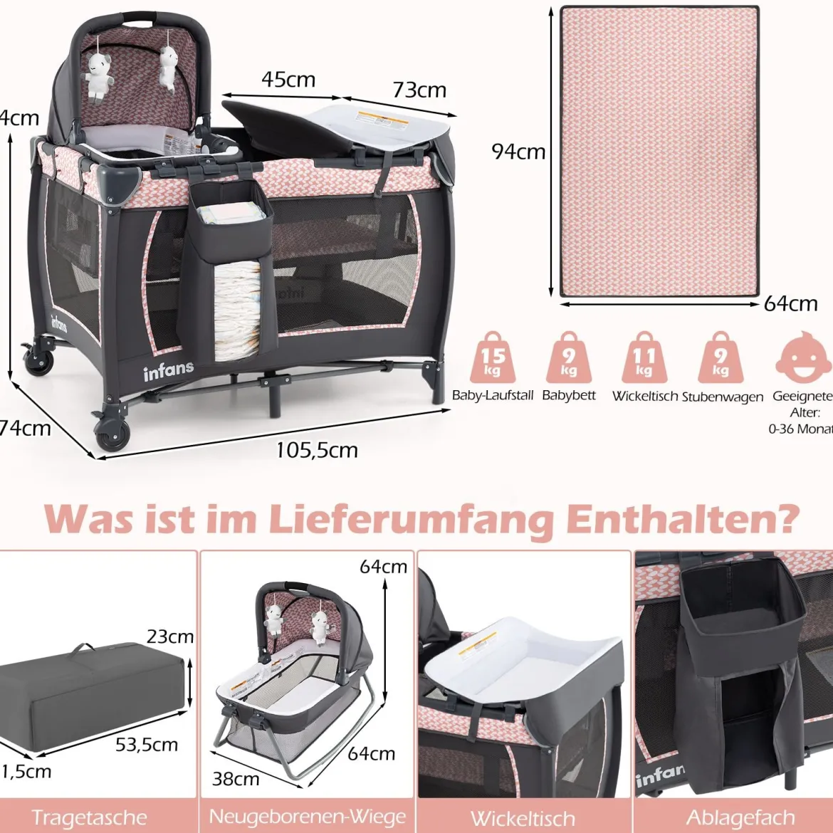 5 in 1 Baby Reisebett mit Wickeltisch & Babywiege & Matratze & 2 Spielzeugen Faltbares Babybett Rosa