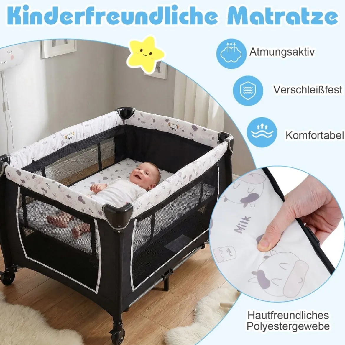 5 in 1 Baby Reisebett mit Wickeltisch & Babywiege & Matratze & 2 Spielzeugen Faltbares Babybett Beige