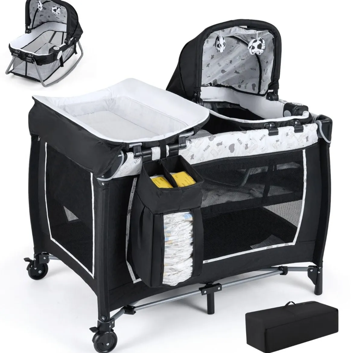 5 in 1 Baby Reisebett mit Wickeltisch & Babywiege & Matratze & 2 Spielzeugen Faltbares Babybett Beige