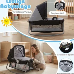 5 in 1 Baby Reisebett mit Wickeltisch & Babywiege & Matratze & 2 Spielzeugen Faltbares Babybett Beige
