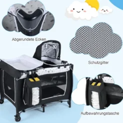 5 in 1 Baby Reisebett mit Wickeltisch & Babywiege & Matratze & 2 Spielzeugen Faltbares Babybett Beige