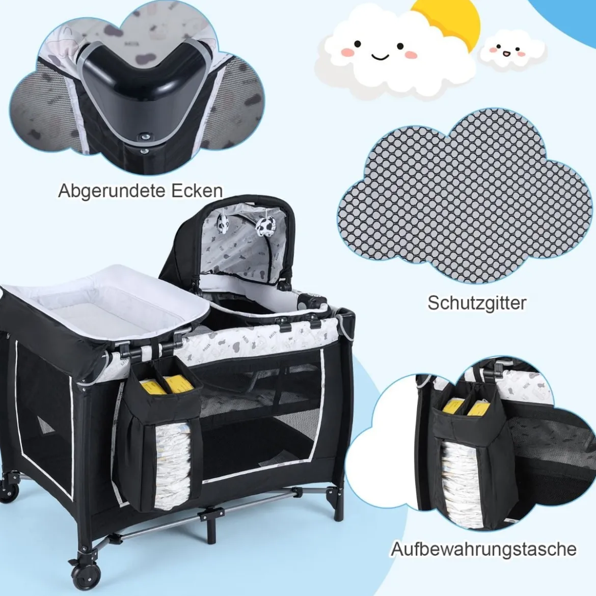 5 in 1 Baby Reisebett mit Wickeltisch & Babywiege & Matratze & 2 Spielzeugen Faltbares Babybett Beige
