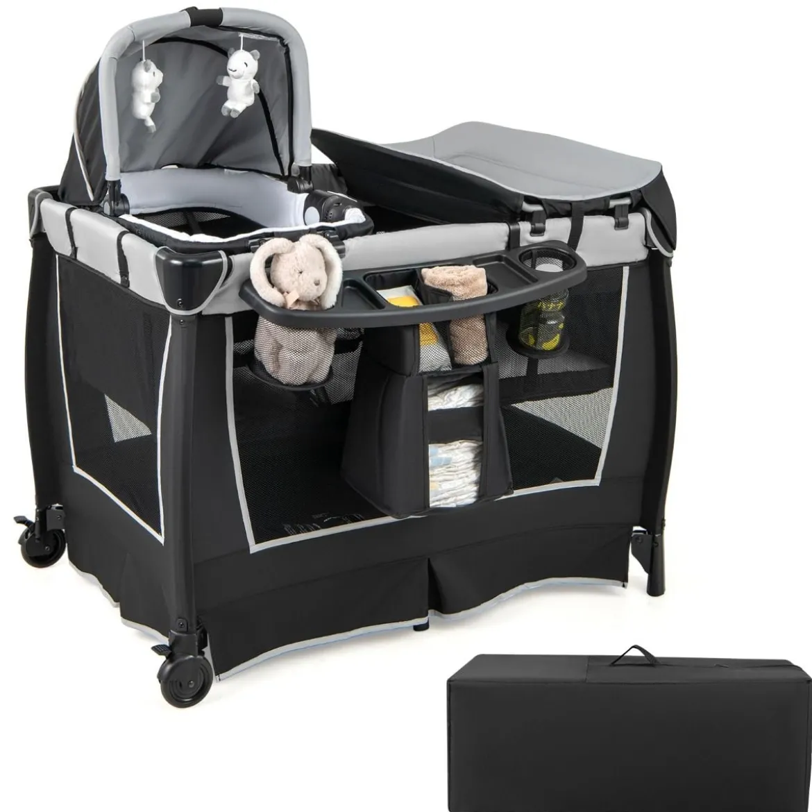 6-in-1 Baby Reisebett tragbarer Baby-Laufstall mit Schaukelwiege Wickeltisch Grün/Grau
