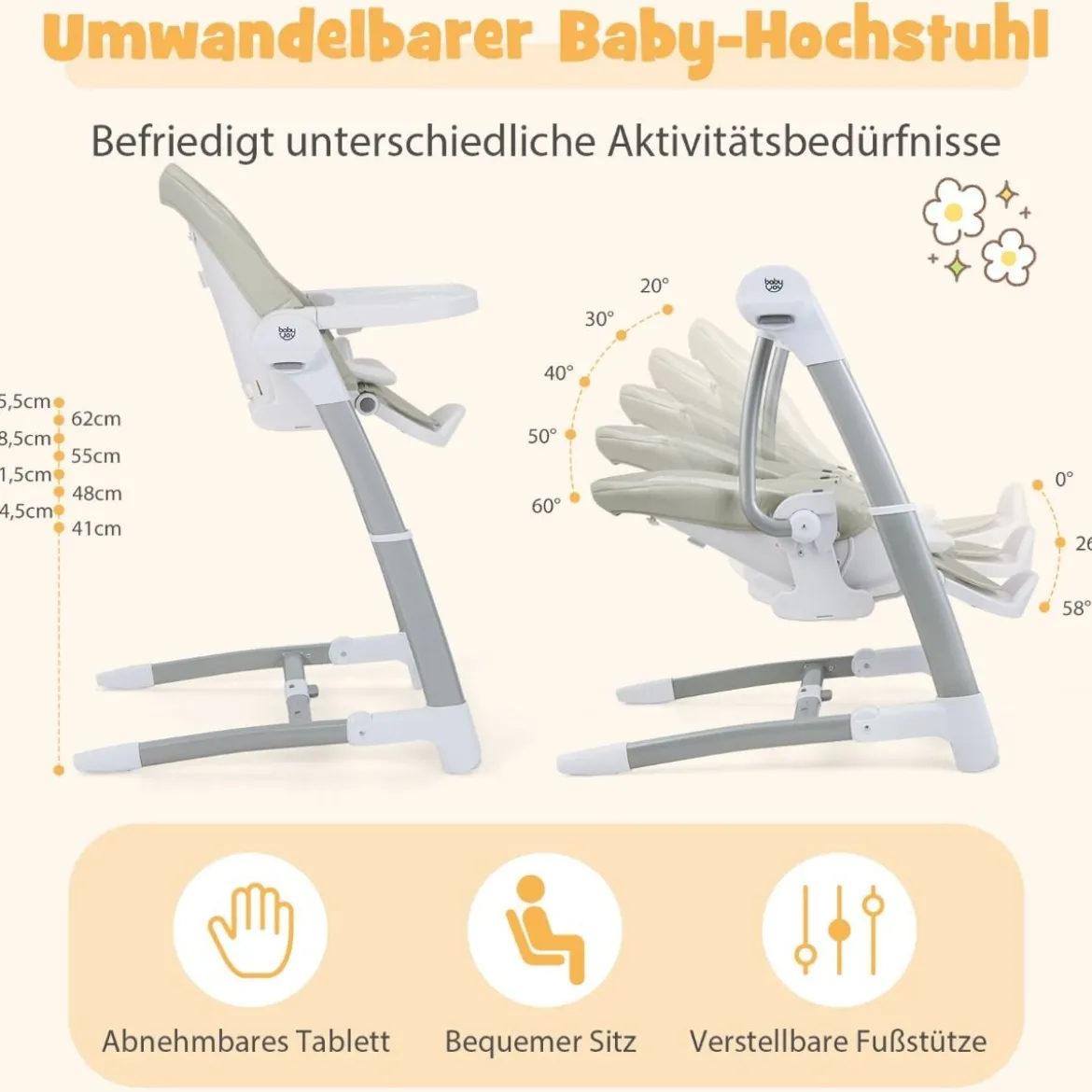 3 in 1 Babyschaukel Klappbarer Hochstuhl mit 8 Höhenstufen Grau