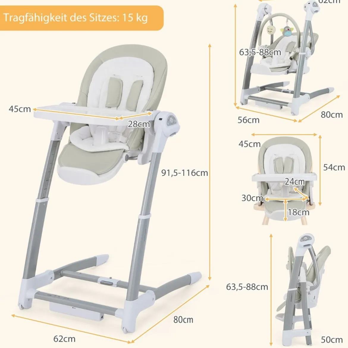 3 in 1 Babyschaukel Klappbarer Hochstuhl mit 8 Höhenstufen Grau