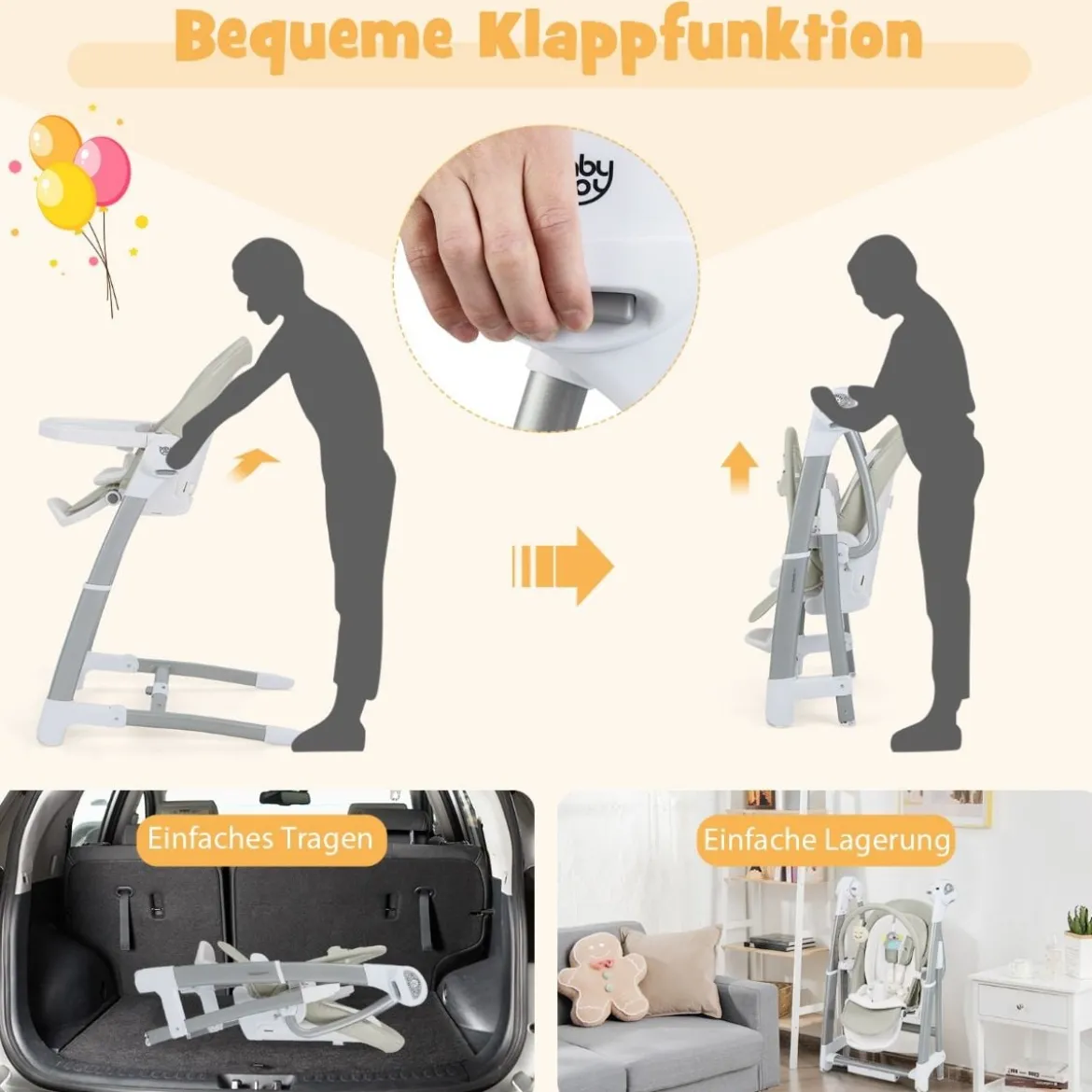 3 in 1 Babyschaukel Klappbarer Hochstuhl mit 8 Höhenstufen Grau
