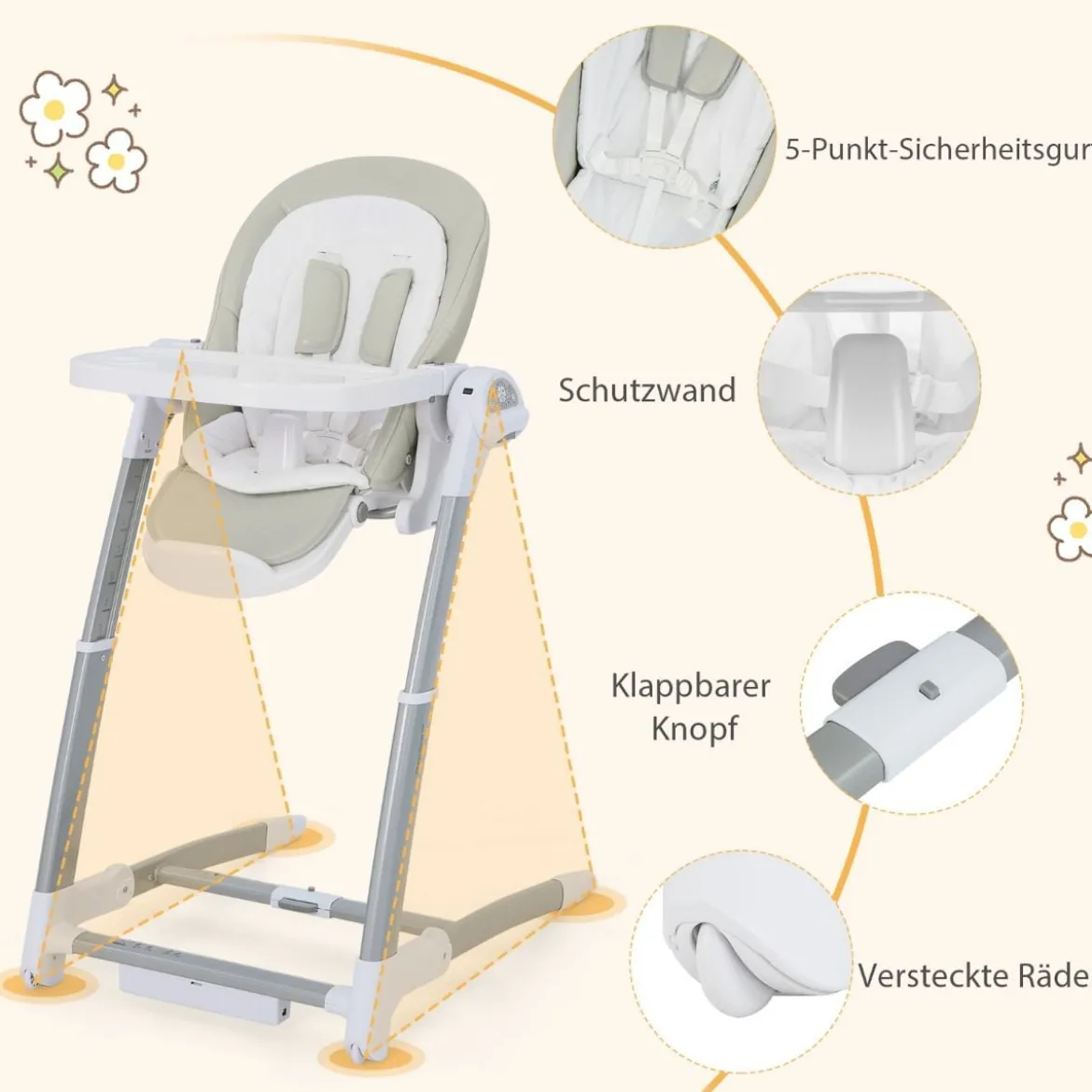 3 in 1 Babyschaukel Klappbarer Hochstuhl mit 8 Höhenstufen Grau