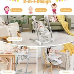 3 in 1 Babyschaukel Klappbarer Hochstuhl mit 8 Höhenstufen Grau