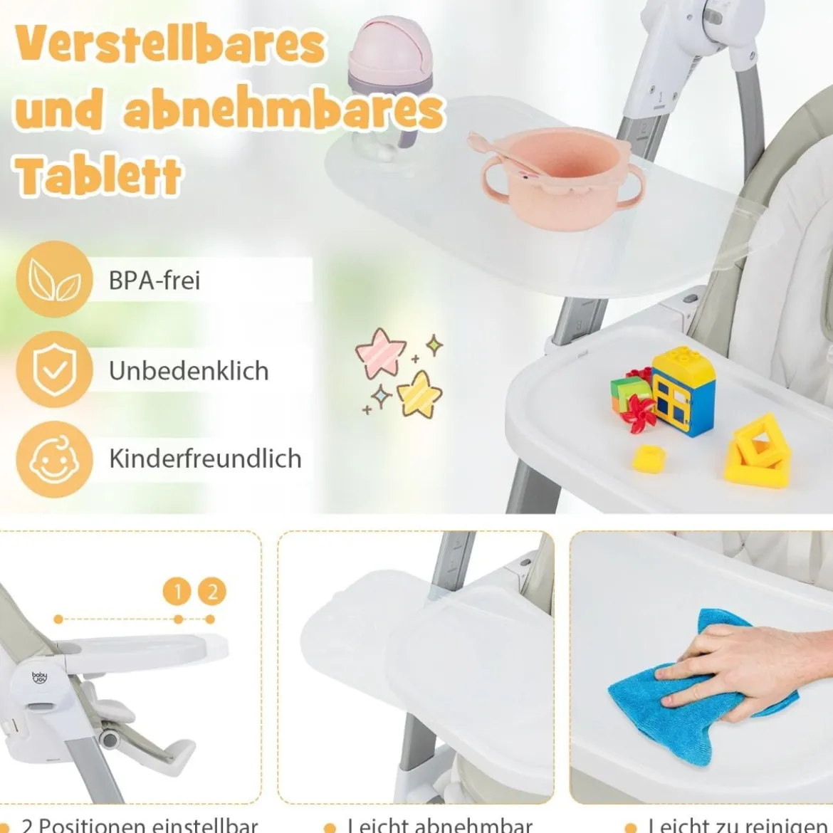 3 in 1 Babyschaukel Klappbarer Hochstuhl mit 8 Höhenstufen Grau