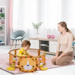 4 in 1 Baby Spielmatte mit 4 Hängespielzeugen & Löwentasche & 30 Ozeanbällen
