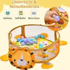 4 in 1 Baby Spielmatte mit 4 Hängespielzeugen & Löwentasche & 30 Ozeanbällen