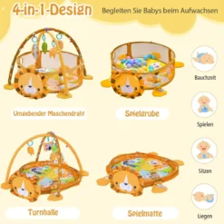 4 in 1 Baby Spielmatte mit 4 Hängespielzeugen & Löwentasche & 30 Ozeanbällen