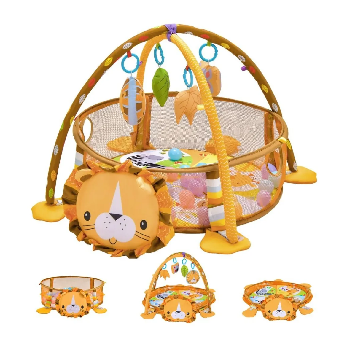 4 in 1 Baby Spielmatte mit 4 Hängespielzeugen & Löwentasche & 30 Ozeanbällen