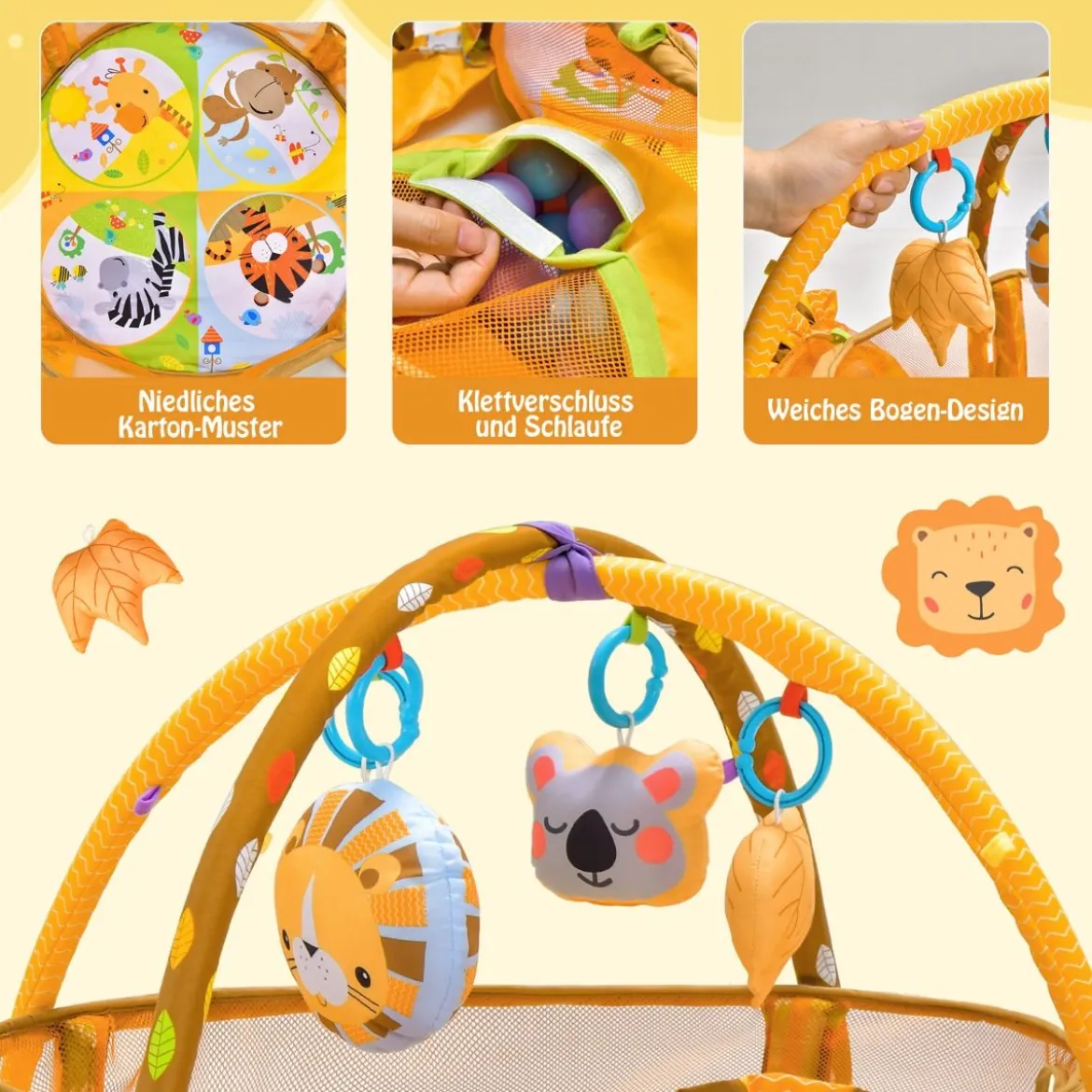 4 in 1 Baby Spielmatte mit 4 Hängespielzeugen & Löwentasche & 30 Ozeanbällen
