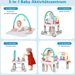 4 in 1 Baby Spielzentrum & Spielmatte & Lauflernhilfe & Aktivitätstisch mit 3 Verstellbaren Höhen Grau