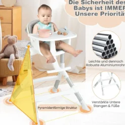 4 in 1 Babystuhl Babyhochstuhl Umwandelbar mit 5-Fach Verstellbarer Höhe Grau