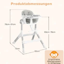 4 in 1 Babystuhl Babyhochstuhl Umwandelbar mit 5-Fach Verstellbarer Höhe Grau