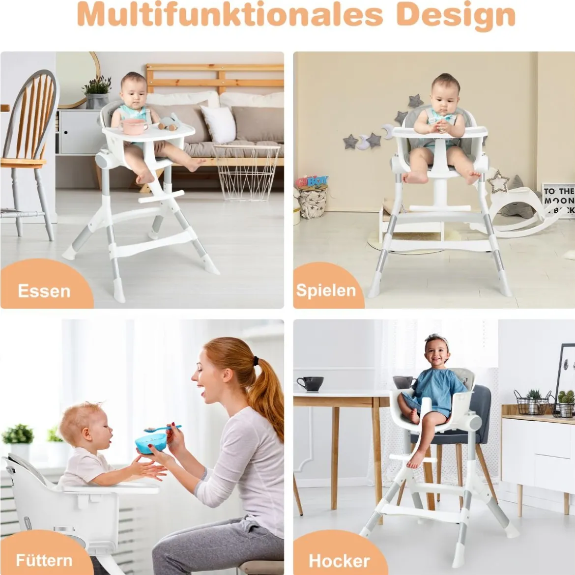 4 in 1 Babystuhl Babyhochstuhl Umwandelbar mit 5-Fach Verstellbarer Höhe Grau