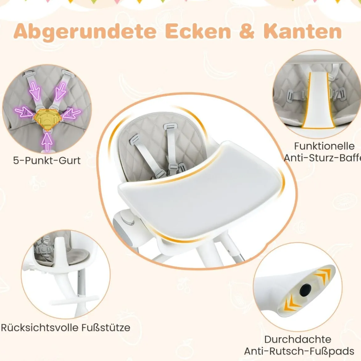 4 in 1 Babystuhl Babyhochstuhl Umwandelbar mit 5-Fach Verstellbarer Höhe Grau