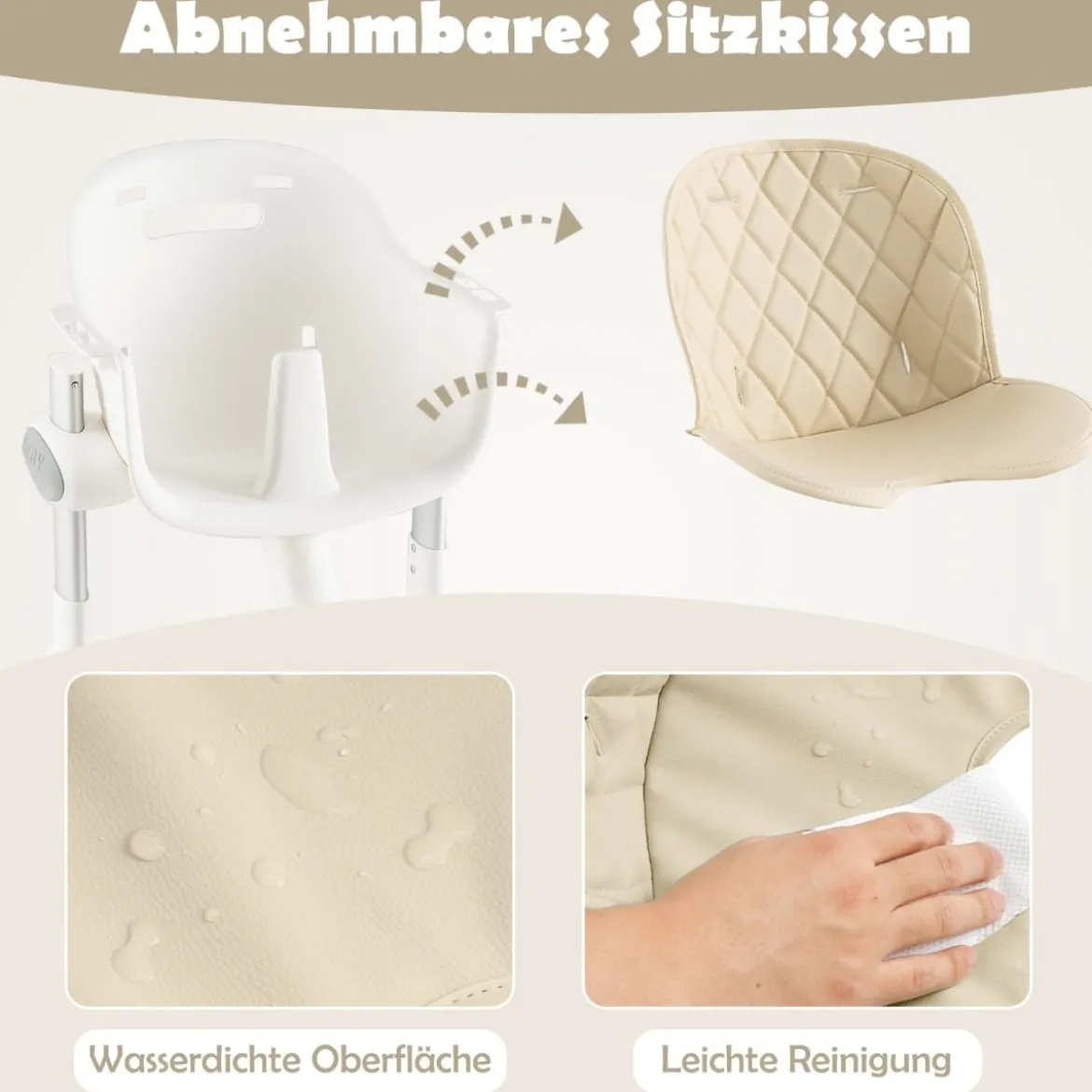 4 in 1 Babystuhl Babyhochstuhl Umwandelbar mit 5-Fach Verstellbarer Höhe Beige