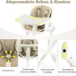 4 in 1 Babystuhl Babyhochstuhl Umwandelbar mit 5-Fach Verstellbarer Höhe Beige