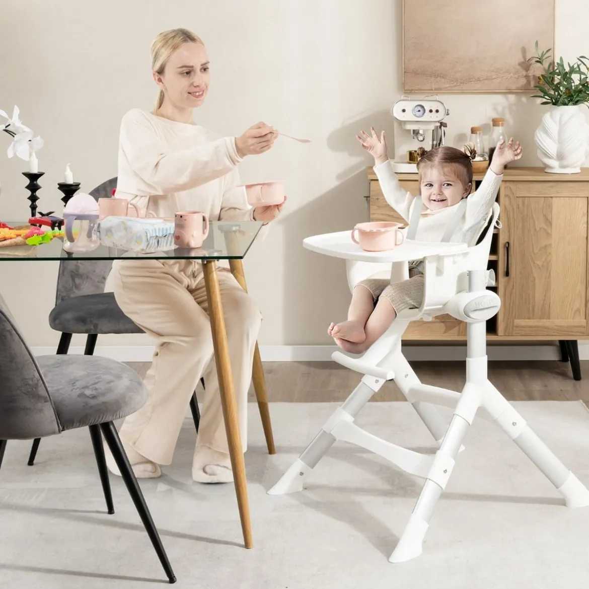 4 in 1 Babystuhl Babyhochstuhl Umwandelbar mit 5-Fach Verstellbarer Höhe Beige