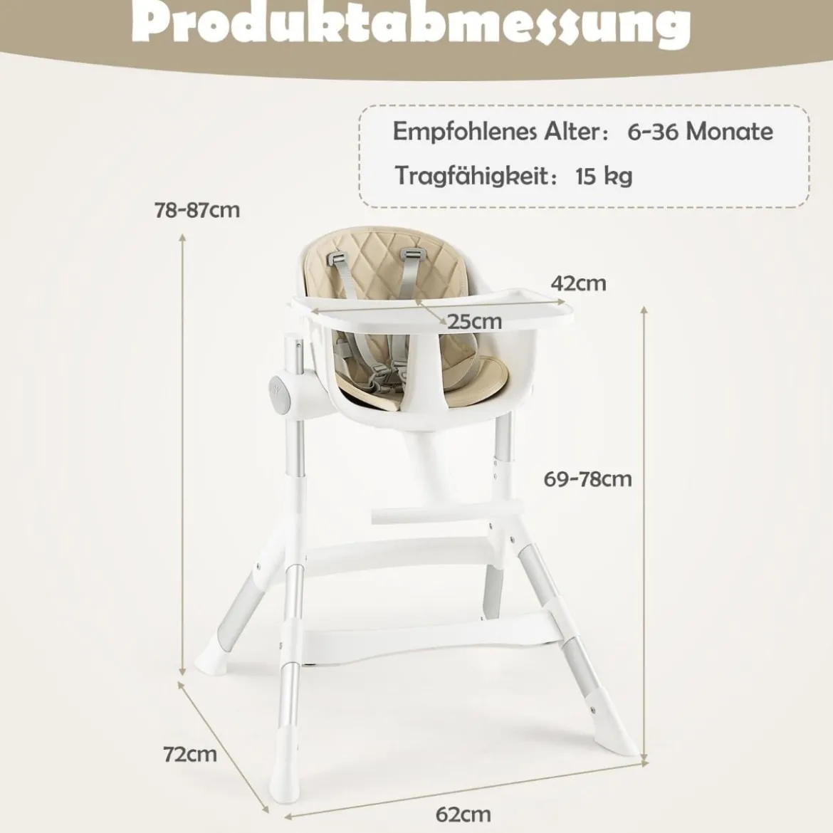 4 in 1 Babystuhl Babyhochstuhl Umwandelbar mit 5-Fach Verstellbarer Höhe Beige